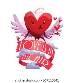 Vector emblem with red banner "Love is in the air" and with cartoon image of a funny red heart with lilac wings and a golden halo, flying and blowing kisses on a white background. St. Valentine's Day.