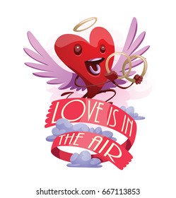 Vector emblem with red banner "Love is in the air" and with cartoon image of a funny red heart with lilac wings and a golden halo, with wedding rings in hands on white background. St. Valentine's Day.