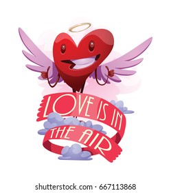 Vector emblem with red banner "Love is in the air" and with cartoon image of a funny red heart with lilac wings and a golden halo, showing thumbs up on a white background. St. Valentine's Day.