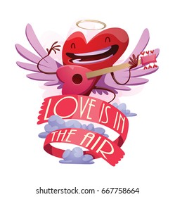 Vector emblem with red banner "Love is in the air" and with cartoon image of a funny red heart with lilac wings and a golden halo, playing on a pink guitar on a white background. St. Valentine's Day.