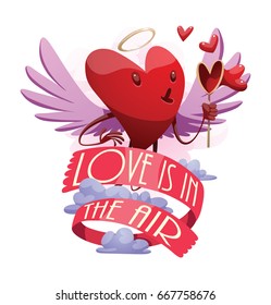 Vector emblem with red banner "Love is in the air" and with cartoon image of a funny red heart with lilac wings and a golden halo, blowing bubbles  on a white background. St. Valentine's Day.