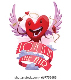 Vector emblem with red banner "Love is in the air" and with cartoon image of a funny red heart with lilac wings and a golden halo, with bow and arrow in hands on white background. St. Valentine's Day.