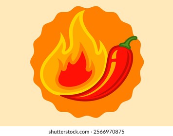 Vector emblem of red chilli pepper with fire. Vector emblem jalapeno or chilli pepper in flame. Chili pepper.