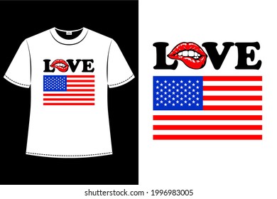 Emblema vectorial con boca roja mordiendo los labios. Bandera nacional de América. Un afiche romántico con amor por Estados Unidos. Marco moderno para el diseño de la moda. Camiseta con arte patriótico.