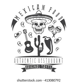 vector emblem of restaurant with skull in mexican sombrero