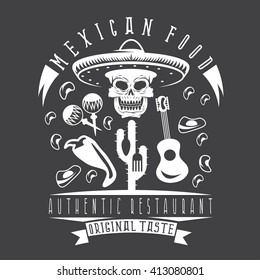 vector emblem of restaurant with skull in mexican sombrero