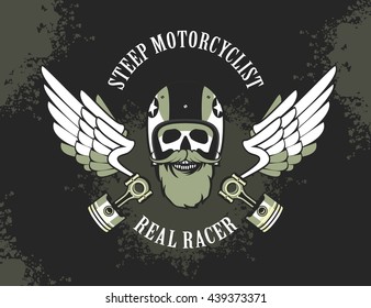vector emblem retro motorcyclist old skull in a motorcycle helmet on a gray black white