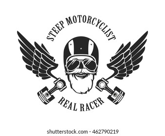 vector emblem retro motorcyclist old skull in a motorcycle helmet black and white