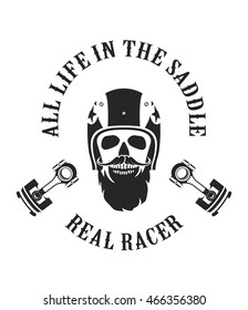 vector emblem retro motorcyclist old skull in a motorcycle helmet black and white