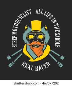 vector emblem retro motorcyclist old skull in a motorcycle helmet on a black background