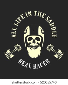 vector emblem retro motorcyclist old skull in a motorcycle helmet on a black white