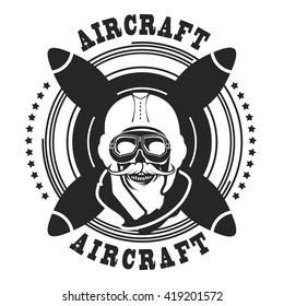 Vector emblem in retro style on a background of a dead pilot propeller aircraft, a skull wearing black and white helmet
