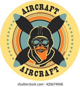 Vector emblem in retro style on a background of a dead pilot propeller aircraft, a skull wearing a helmet