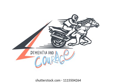 Vector emblem with a rider on a horse, motorbike and inscription. Eps-8