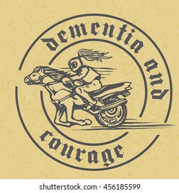 Vector emblem with a rider on a horse, motorbike and circular inscription