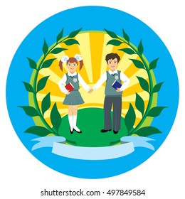 Vector emblem  for the school, class, children's club, a student of social organization, and so on. Girl and boy holding hands. The olive branch symbolizes friendship, peace and success. 