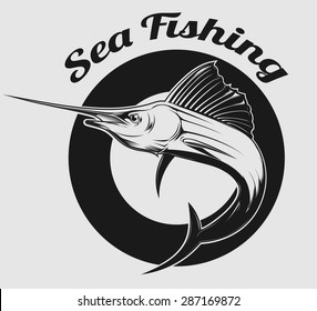 vector emblem of sea fishing and swordfish or Marlin on it