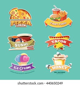 vector emblem set with food illustrations. European, Mexican, Itallian, japan food, ice cream and honey.