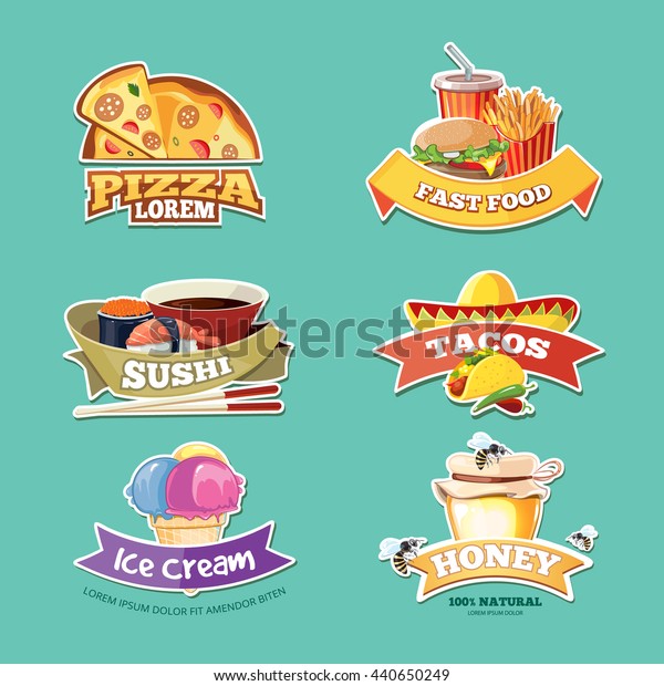 食べ物のイラストとベクター画像エンブレムセット ヨーロッパ メキシコ イタリアン 日本食 アイスクリーム 蜂蜜 のベクター画像素材 ロイヤリティフリー