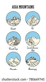 Vector emblem set with hand drawn Asia mountains. Ink drawing, graphic style. Perfect for travel, sport or spiritual designs.