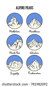 Vector emblem set with hand drawn Alpine peaks. Ink drawing, graphic style. Perfect for travel, sport or spiritual designs.