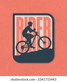Vektorsymbol mit einer Silhouette eines Radfahrers, die mit der Aufschrift RIDER bergauf geht