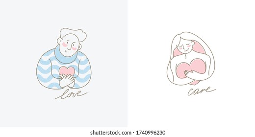 Vector emblem in simple line style. A young man and young pretty woman hugging the hearts with care and love. Couples. Flat Vector Illustration