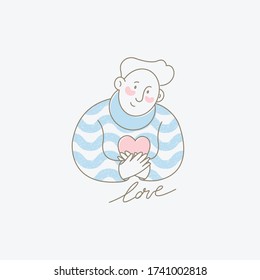 Vector emblem in simple line style. The young man embraces the heart with care and love. Flat Vector Illustration.