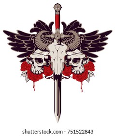 Vector emblem with a skull of a bull pierced by a sword and two human skulls with barbed wire on the background of a pentagram and red roses with drips of blood