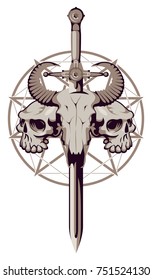 Vector emblem with a skull of a bull pierced by a sword and two human skulls on the background of a pentagram