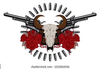 Vector emblem with skull of bull, two old revolvers, bullets and red roses with blood drips. Banner on the theme of death, firearms and pistols. Template for clothing, t-shirt design, tattoo