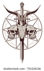 Vector emblem with a skull of a goat pierced by a sword and two human skulls on the background of a pentagram