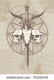 Vector emblem with a skull of a goat pierced by a sword and two human skulls and pentagram on the background of manuscripts