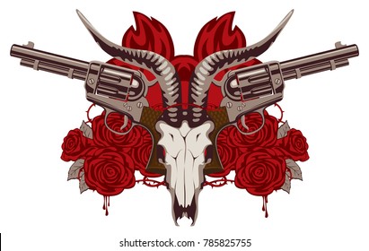 Vector emblem with skull of goat, red roses, big old revolvers and barbed wire isolated on white background