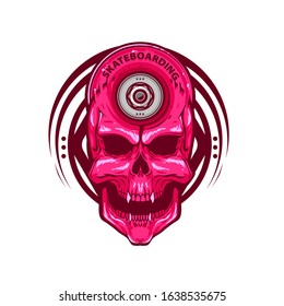 Vector emblem with skull and skateboard wheel, vector illustration isolated on white background