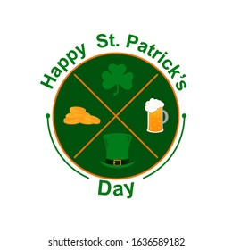 Vector emblem for St. Patrick's Day with elements: green cylinder, clover leaf, gold coins, beer mug, congratulatory inscription. Round emblem on a white background.