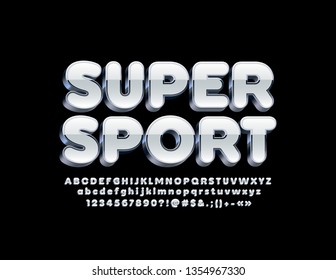 emblema vectorial Super Sport con fuente 3D moderna. Conjunto de alfabetos blanco y plateado. Letras, números y símbolos metálicos