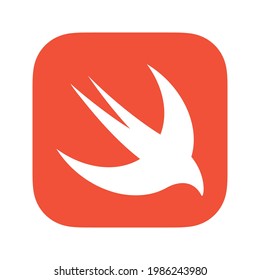 Vector emblem of Swift programming language. White bird on red square background.