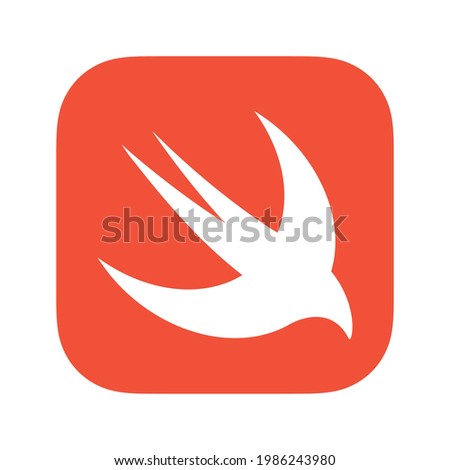 Vector emblem of Swift programming language. White bird on red square background.