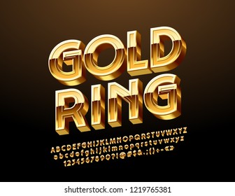 Vector Emblem with text Gold Ring. Golden rotated Alphabet Letters, Numbers and Symbols. 