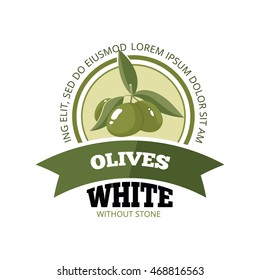 vector emblem of three white Olives with leafs isolate on light background. Pictures for your personal design project. Template for logo, badges, emblems or label design.