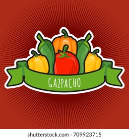 Vector emblem with tomato and peppers. Vegetable fresh sign illustration