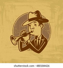 vector emblem with trumpeter in cartoon style