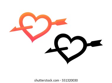 Vector Emblem of Valentine Day. An Arrow Piercing Heart, Icon in Orange and Black Colors isolated on white background.