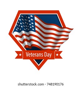 Vector emblem of Veterans Day. Vector realistic waving flag of USA. 