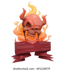 Vector emblem with vinous banner with fire and with cartoon image of a red human skull with horns, sharp teeth and open jaw on a white background. Pirates, death, Halloween. Vector illustration.