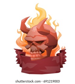 Vector emblem with vinous banner with fire and with cartoon image of a red human skull turned to the left with horns and sharp teeth on a white background. Pirates, death, Halloween. 