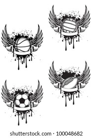 Vector emblem volleyball, football, rugby and basketball with wings set