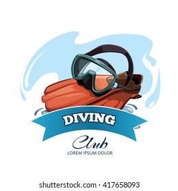 Vector emblem with Water mask and red flippers on water splash. Diving club logotype in retro style