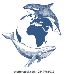 Emblema de Vector para el Día de la Ballena o el Día del Océano. Dibujo de línea de la ballena asesina y la ballena jorobada contra el fondo del planeta Tierra. Concepto de conservación de la naturaleza y diversidad de mamíferos marinos.